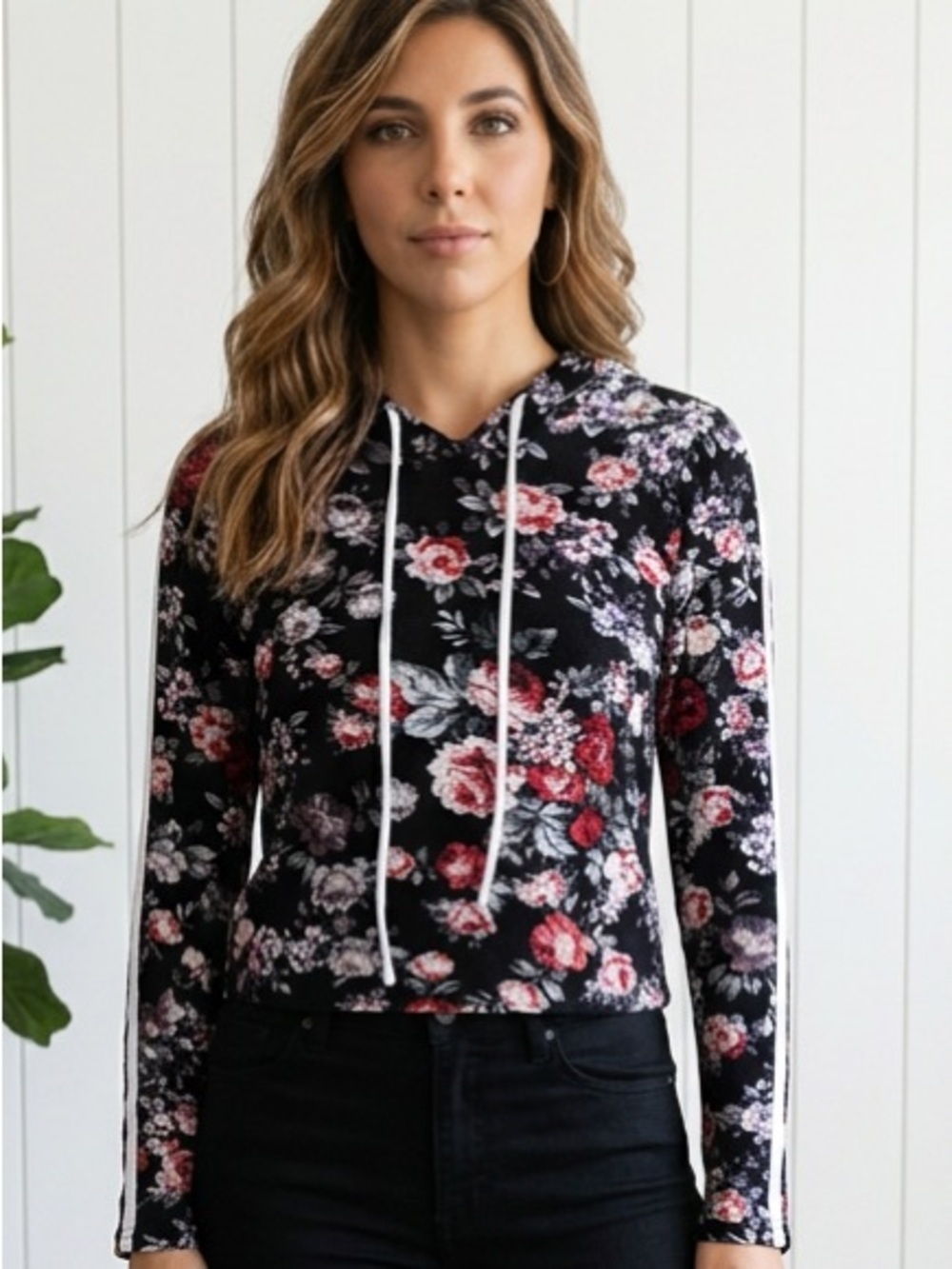 Heart & Hips Black Floral Drawstring Hoodie with Pink and Purple Roses